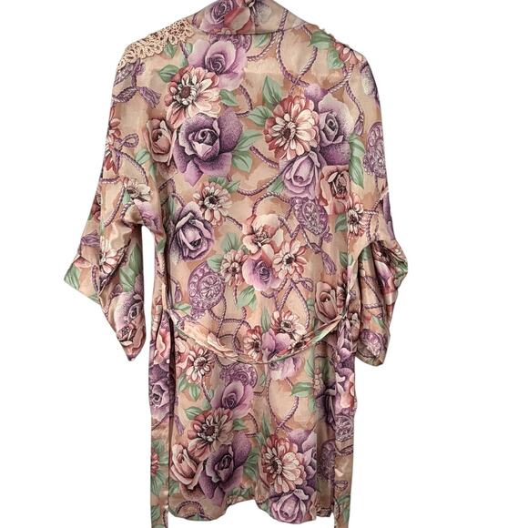 Vintage 90's Satin Floral Short Robe Kimono Lace Cottage Core Feminine Boho S - Picture 4 of 7